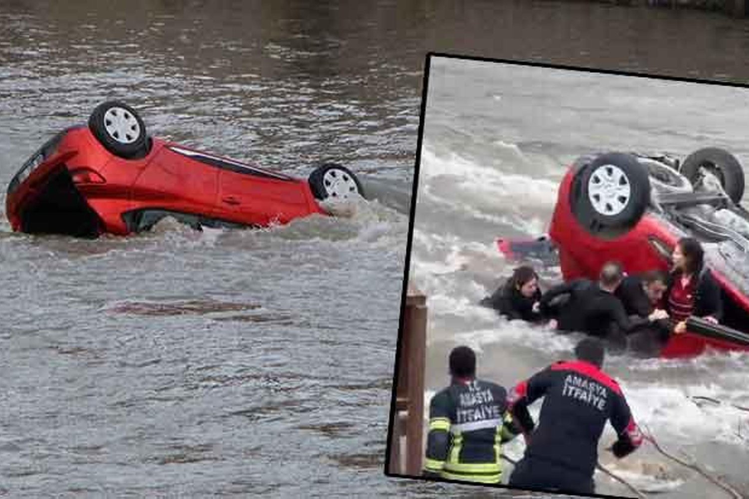 Amasya'da Otomobil Nehre Uçtu, Anne ve Kızını İtfaiye Kurtardı