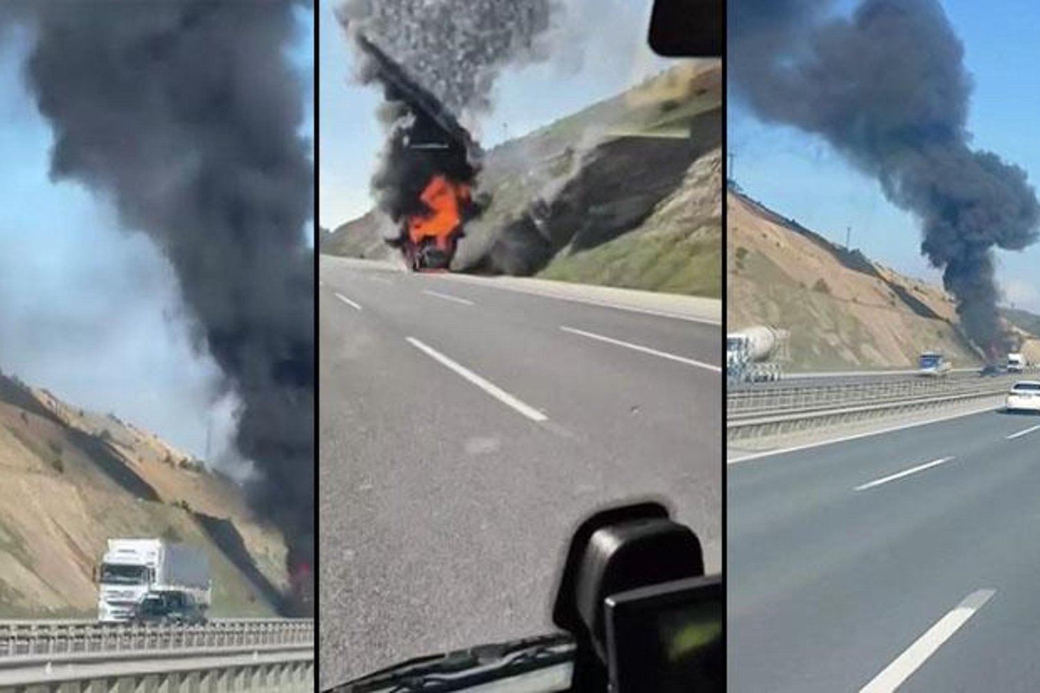 Otoyolda Yanan İş Makinesi Nedeniyle Trafik Güvenliği Tehlikeye Girdi